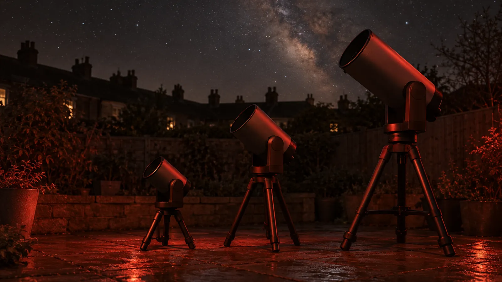 A smart telescope on a garden table under a clear northern sky